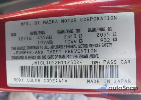 2017 Mazda Mazda6 Sport из США, поврежденный, VIN JM1GL1U52H1125024